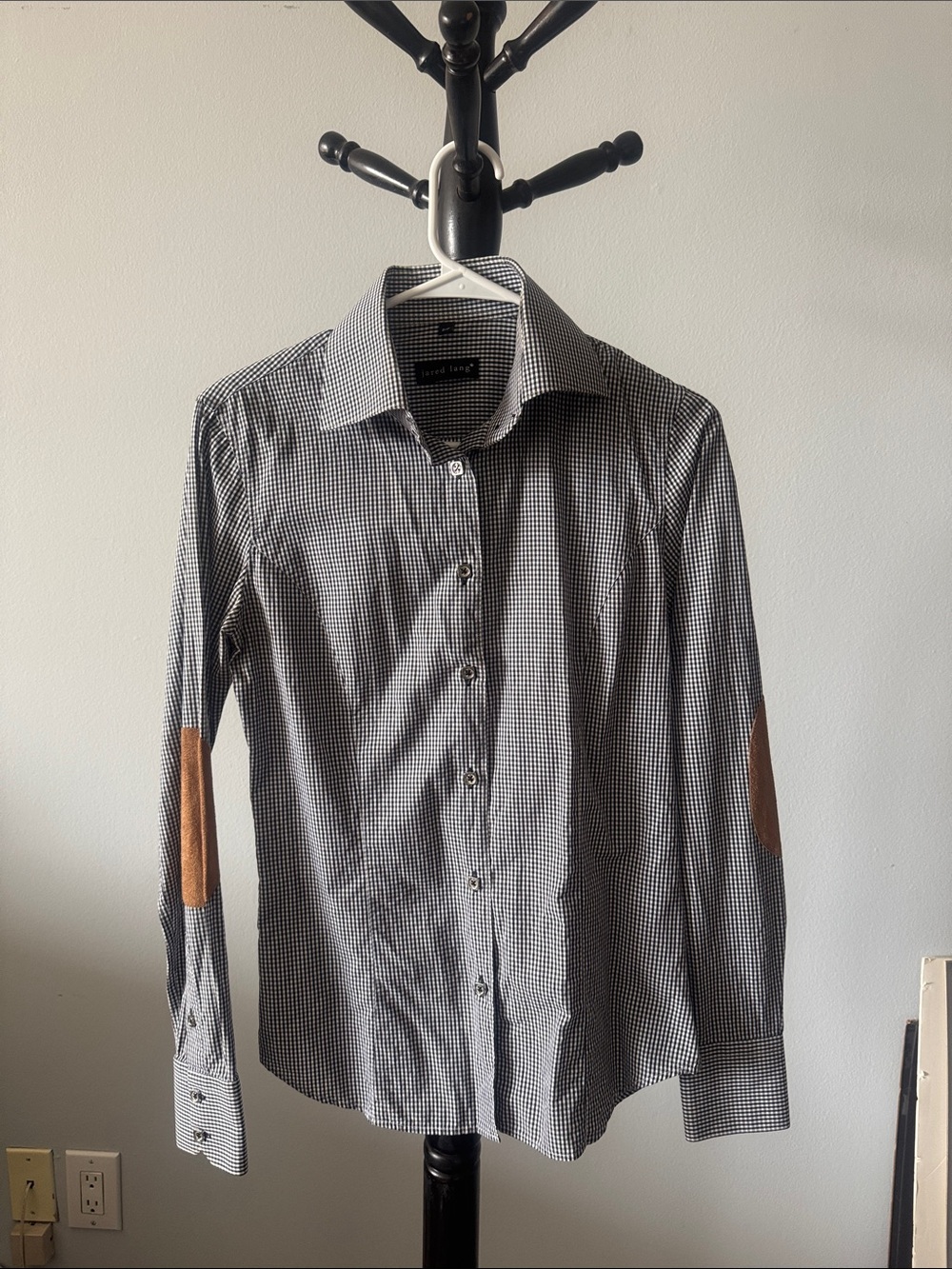 Jared Lang Black and White Check Dress Shirt with Brown Elbow Patches 4.T